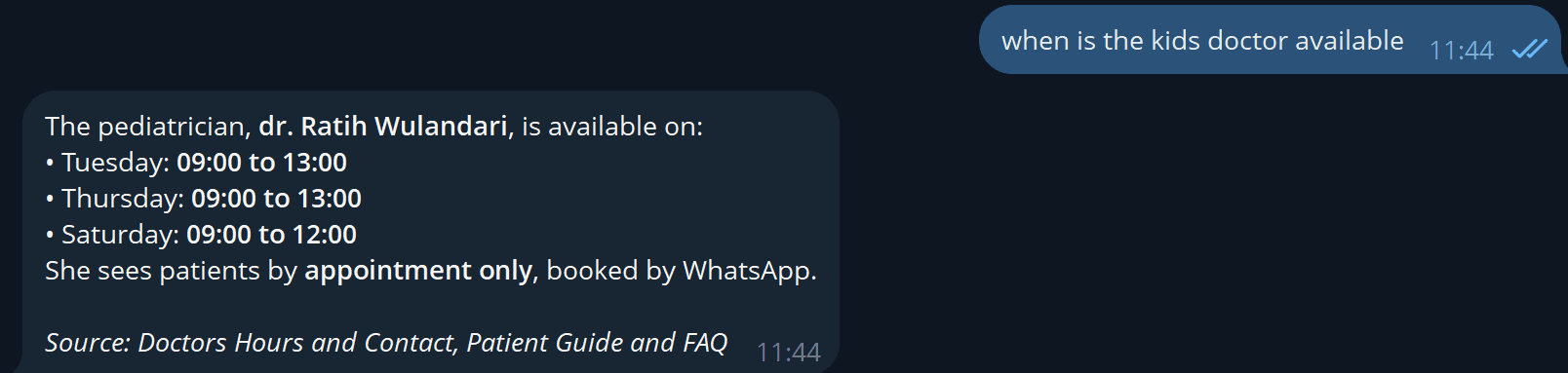 Telegram chat where a patient asks when the kids doctor is available and the bot lists the pediatrician's days and hours, followed by a source line naming two clinic documents.