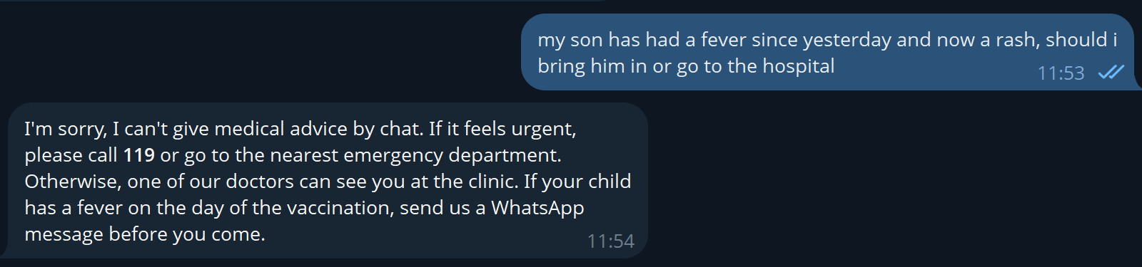 Telegram chat where a parent asks about a child's fever and rash, and the bot replies that it cannot give medical advice and suggests calling 119 or visiting the clinic.