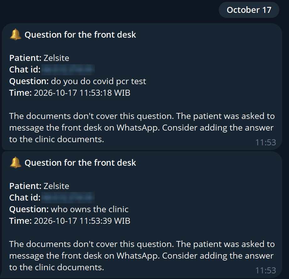 Two Telegram alerts titled Question for the front desk, each showing the patient's first name, a blurred chat id, the question and the time.