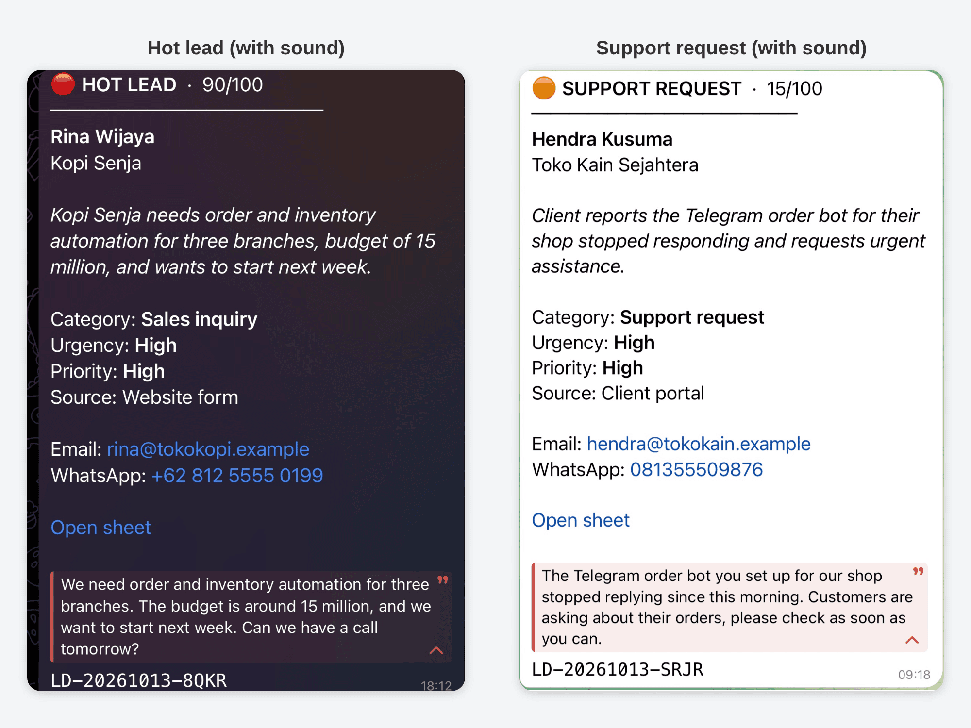 Alerts on my phone with category, score, summary and a WhatsApp link. Hot leads and support requests come with sound, nurture leads arrive silently.